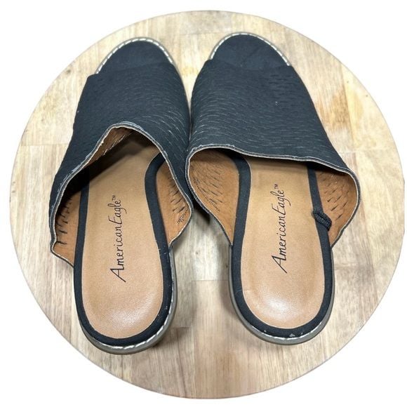 American Eagle Black Cut-Out Slide Sandals Block Heel Slip-On Women Size 8.5